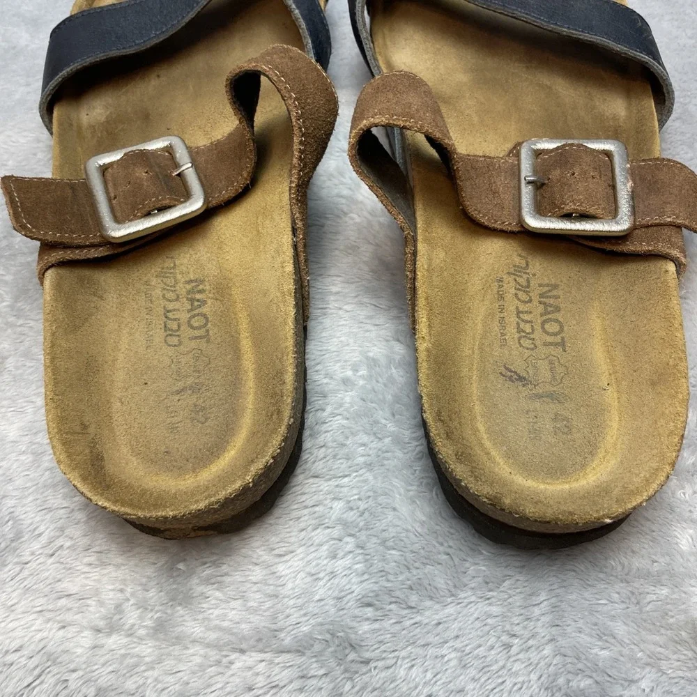 Naot Womens Fresno Leather Sandals 42 US 11-11.5 Navy Brown Loop Toe Cork Sole